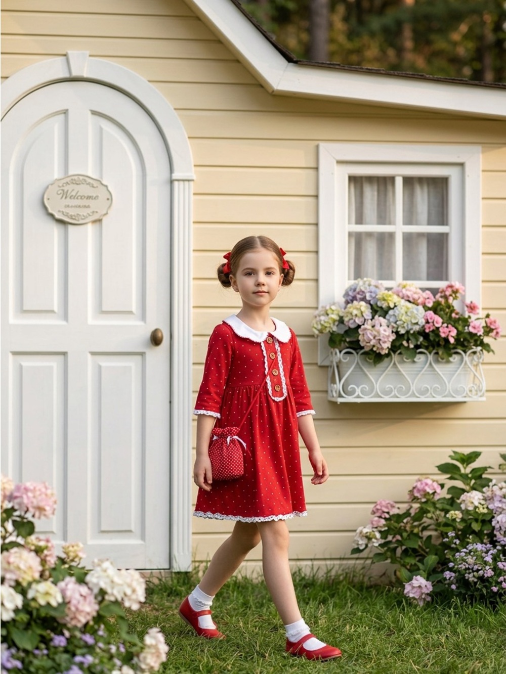 Red Peter Pan Collar Girls' Formal Dress with Lace Trim